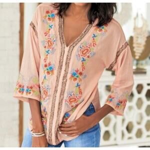 Soft Surroundings Palm Island Embroidered Boho Tunic Top Studs Floral Gypsy Chic